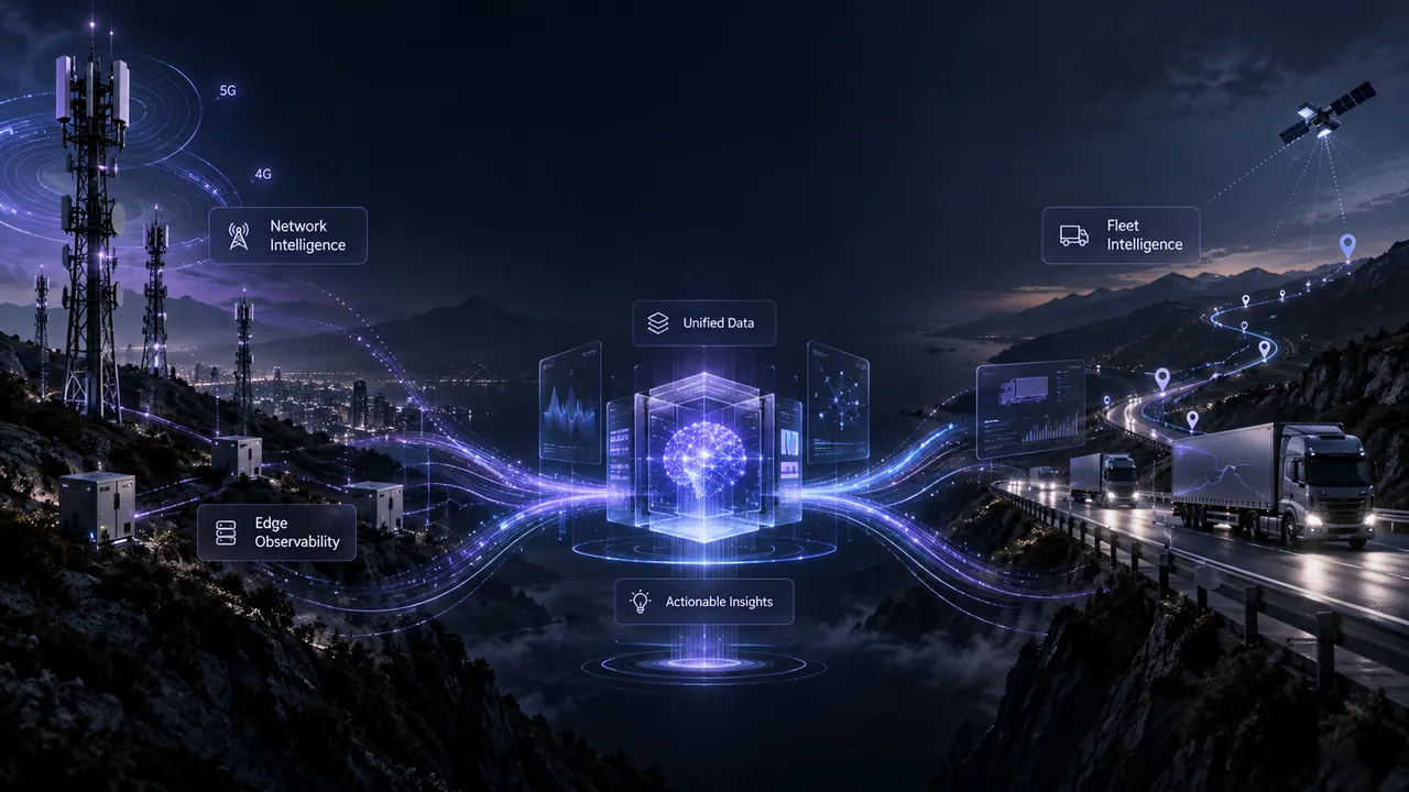 Conceptual visualization connecting mobile network intelligence and connected fleet telemetry through edge observability